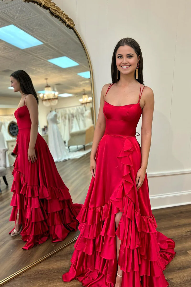 A-Line Scoop Neck Ruffle Satin Red Long Prom Dresses with Slit